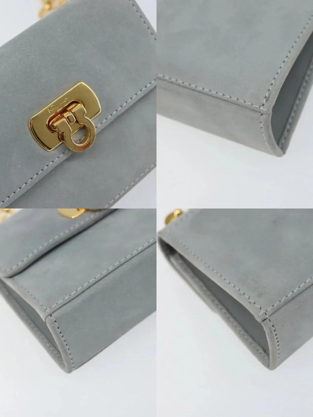 Salvatore Ferragamo Gancini Chain Shoulder Pouch Suede Gray Gold Auth 163100V